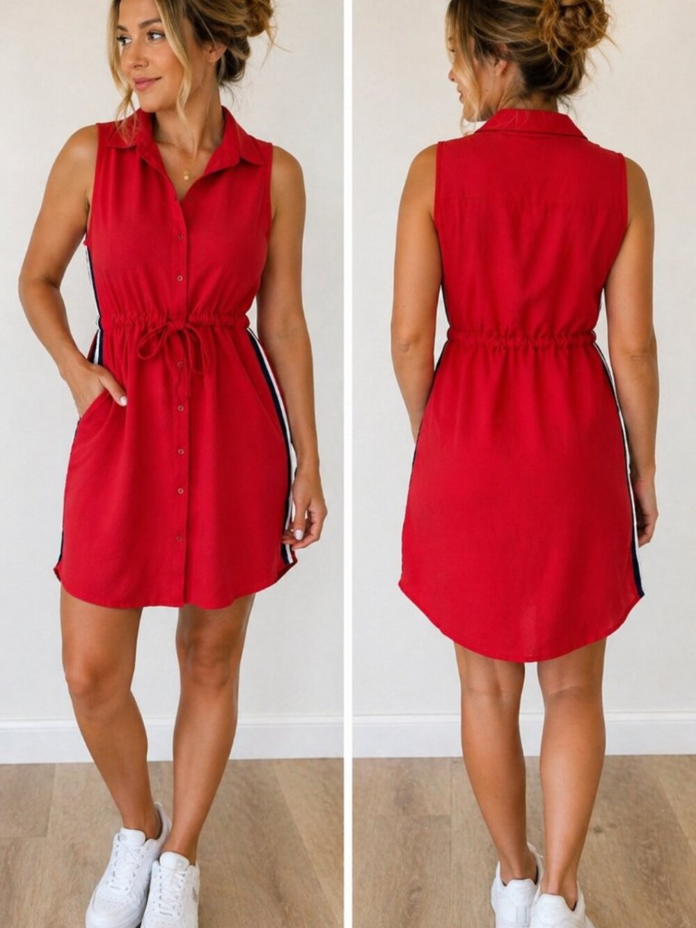 Monteau Los Angeles Red Sleeveless Shirt Dress Sport Stripe Side Tie Waist M